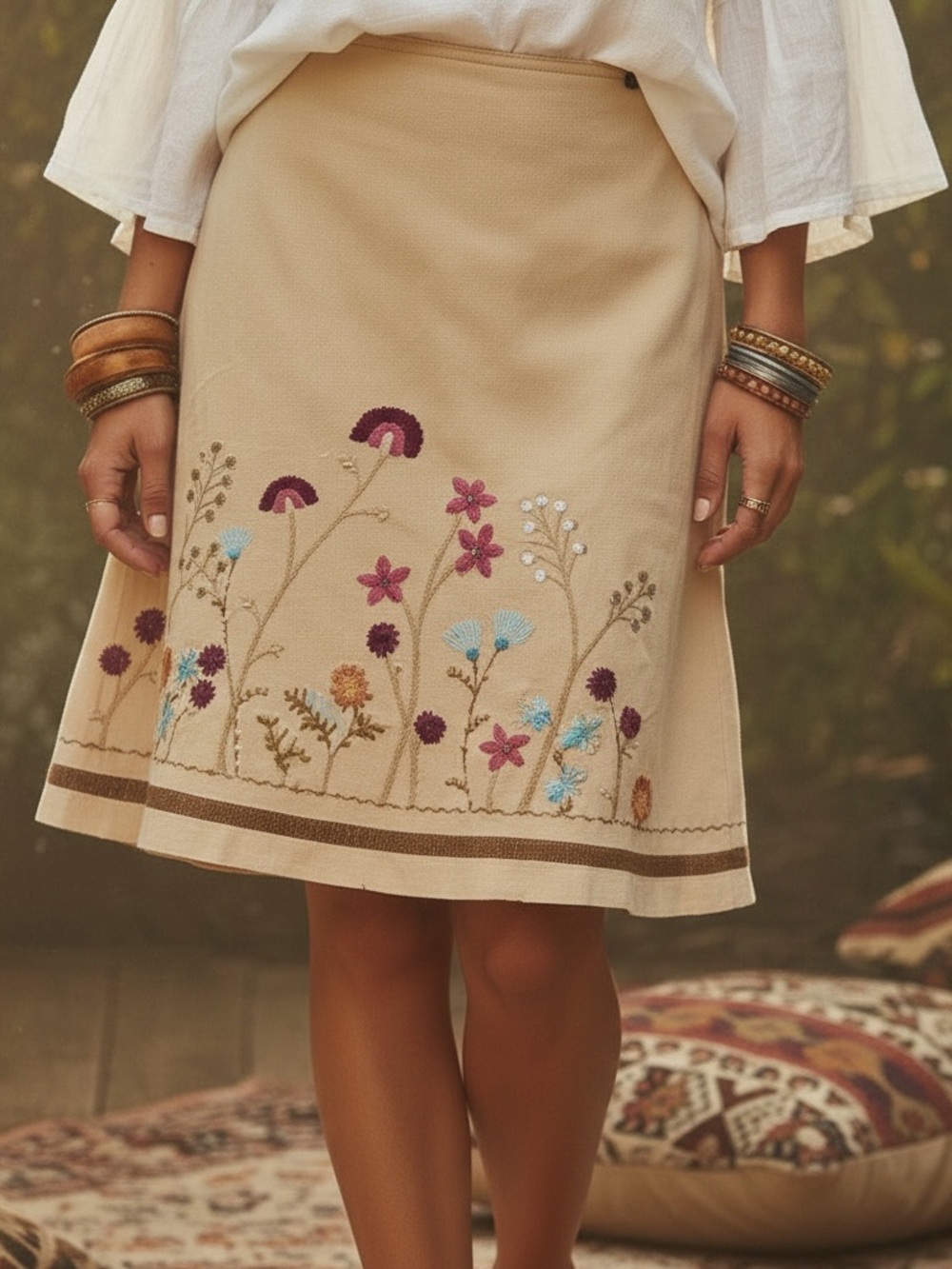 J. Jill Beige A-Line Skirt with Multicolor Floral Embroidery